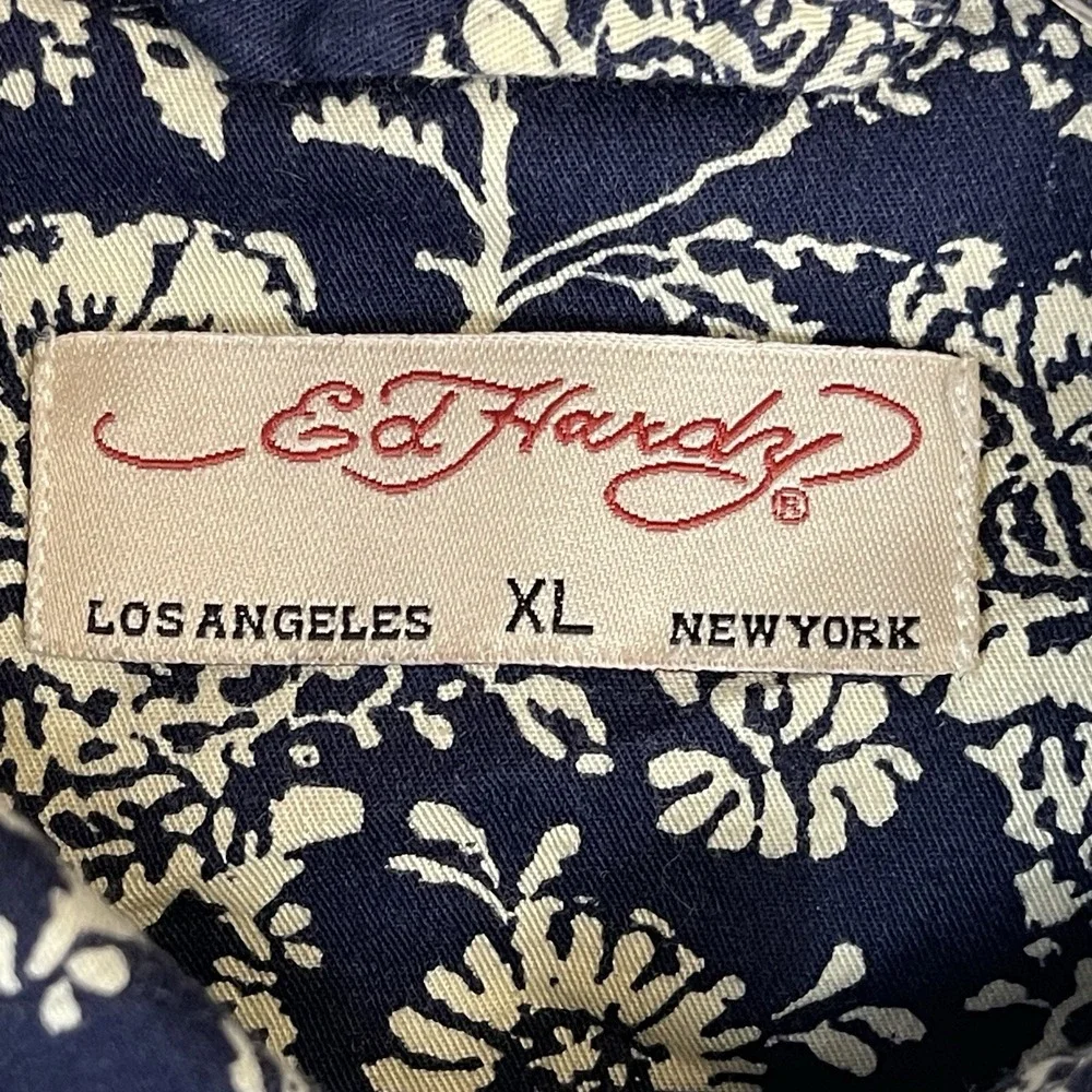 Ed Hardy Button Down Mens XL EHSH0608 Navy Blue Floral Long Sleeve EUC